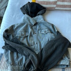 denim jacket with black sweatshirt hoodie and sleeves